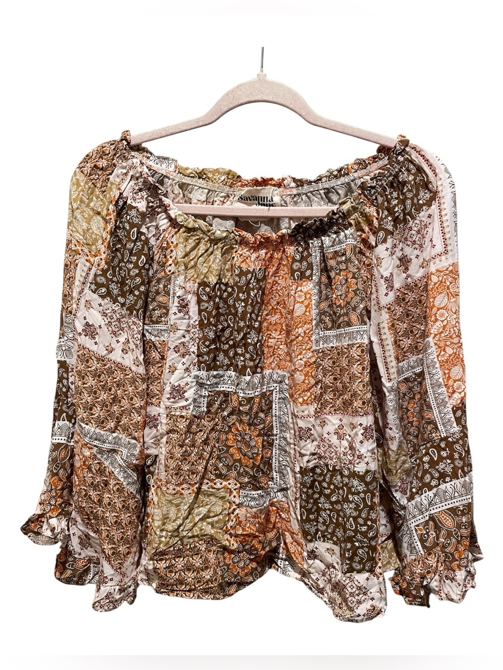Savanna Jane boho blouse with brown patchwork paisley pattern. Size M.
